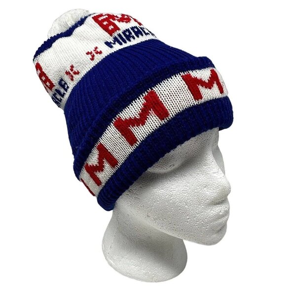 Vintage Knit Beanie Pom Pom Miracle Red White Blue Hat Letter M Winter - Picture 2 of 8